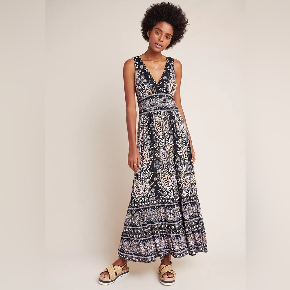 Anthropologie Maeve Giulietta Floral Motif Print V-Neck Cut Out Maxi Dress EUC S